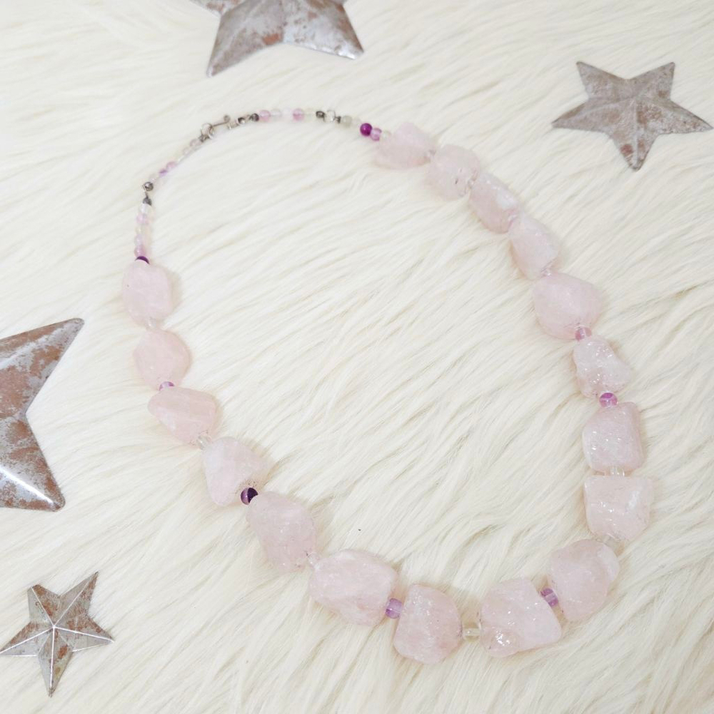 Vintage chunky raw purple rose quartz statement necklace unpolished rock gems